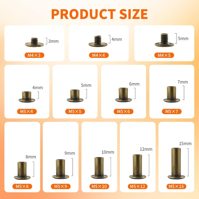 ALLOYPRO 135 Sets Bronze Chicago Screws Leather Rivets Kit, 9 Sizes (M5*4,5,6,7,8,9,10,12,15) & 3 Screw Lengths (M4*3,4,5) Chicago Binding Screws, for Leather Craft, Bookbinding - Image 2